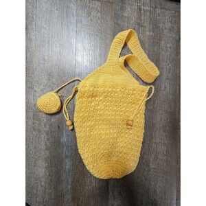 Vintage Drawstring Crochet Purse, Yellow Bohemian Shoulder Bag